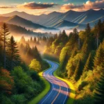 A scenic view of the Great Smoky Mountains National Park with a curving road surrounded by lush green trees, mist-covered mountains, and a peaceful sky with light clouds.