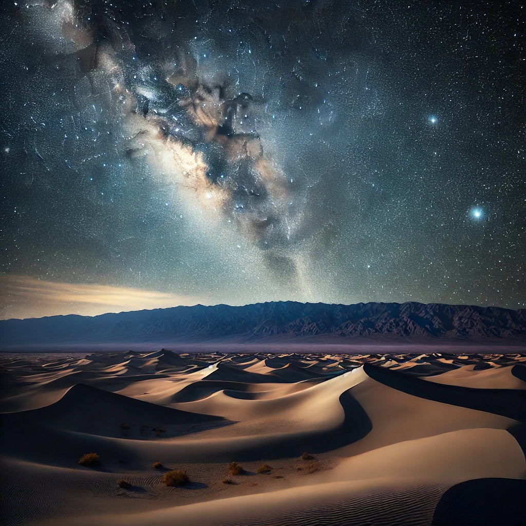 A breathtaking night sky in Death Valley National Park, featuring the Milky Way galaxy and Mesquite Flat Sand Dunes under a clear, star-filled sky.