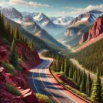 Scenic view of Colorado's Million Dollar Highway winding through steep mountain passes, with rugged cliffs, vibrant red rocks, lush green pine trees, and snow-capped peaks under a clear blue sky.