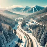 A scenic winter view of Vermont's Route 100 with snow-covered road, pine trees, mountains, and skiers heading towards ski resorts.