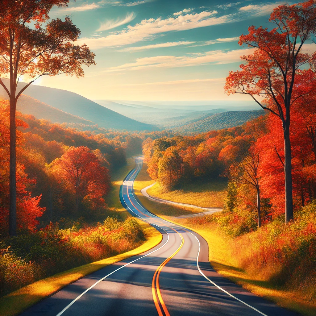 Scenic view of the Natchez Trace Parkway during fall, with a winding road surrounded by vibrant autumn trees in shades of orange, red, and yellow.