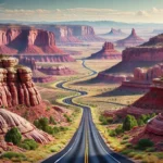 A scenic view of Utah's Scenic Byway 12 winding through the Grand Staircase-Escalante National Monument, with red rock canyons and desert landscapes.