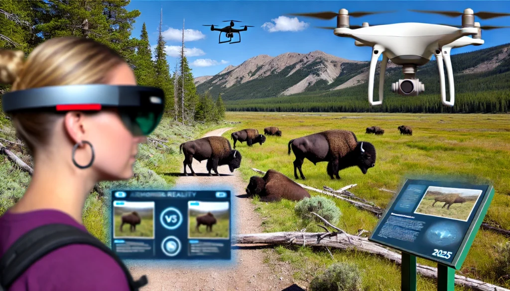 Hiker wearing augmented reality glasses in a U.S. National Park with bison grazing and a monitoring drone in the background, illustrating tech integration with nature in 2025.