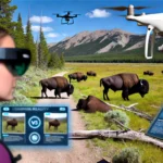 Hiker wearing augmented reality glasses in a U.S. National Park with bison grazing and a monitoring drone in the background, illustrating tech integration with nature in 2025.