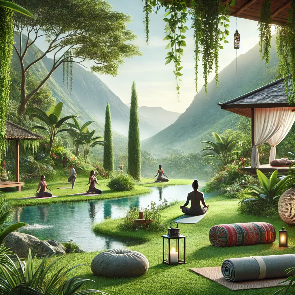 People practicing yoga in a tranquil wellness retreat surrounded by lush greenery and mountains.