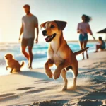 Happy dog running on a pet-friendly beach with ocean waves.