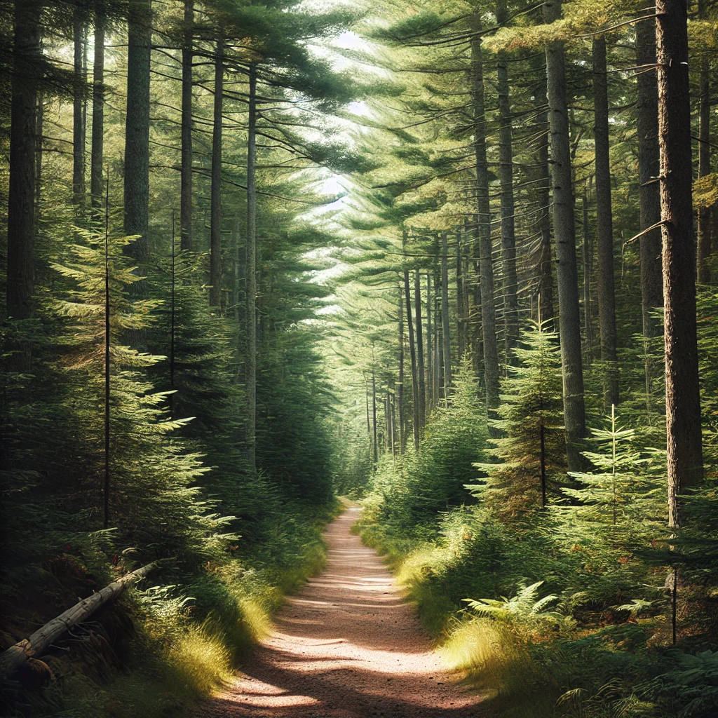 Scenic trail in Maine backwoods with tall pines and sunlight.