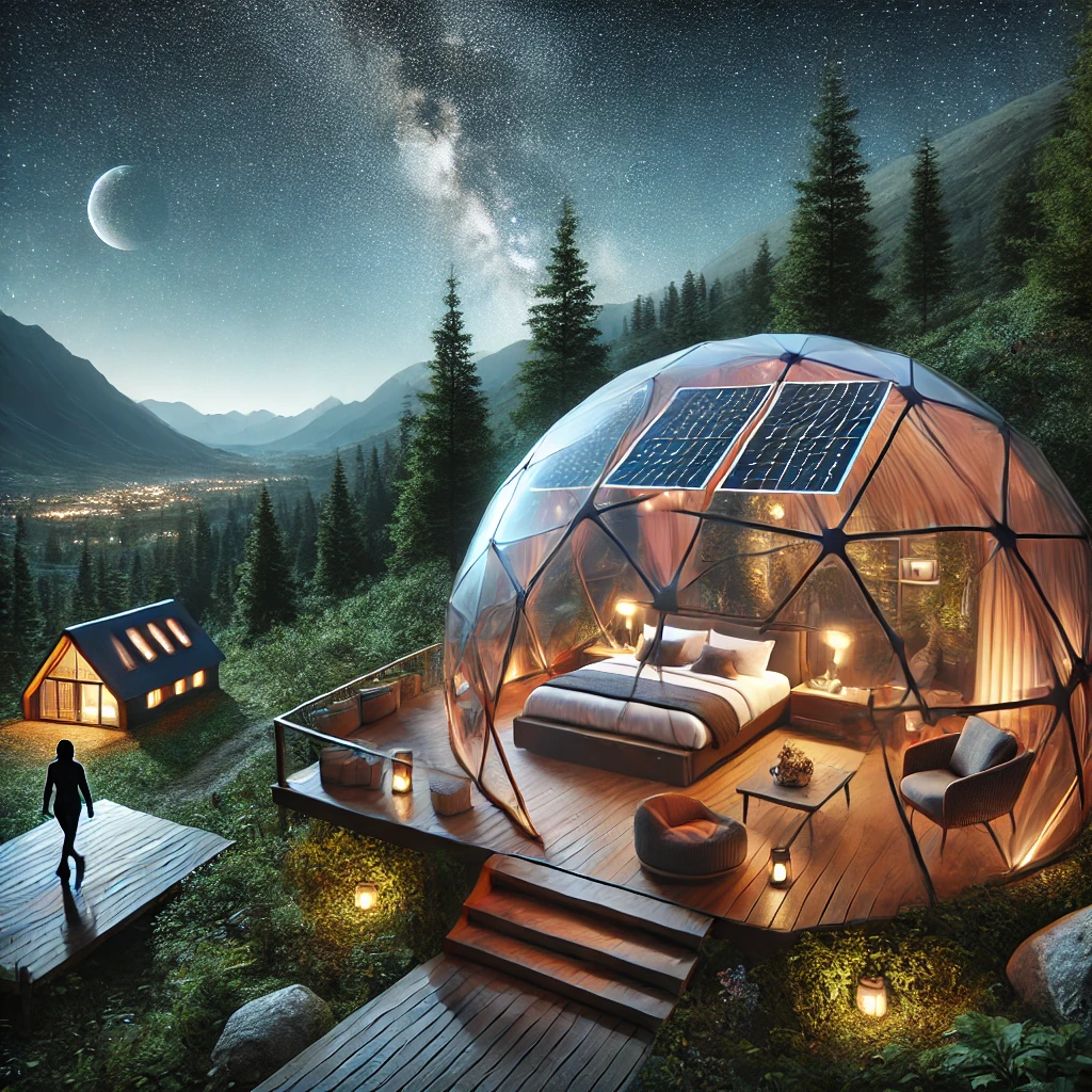 High-tech glamping pod in a scenic wilderness with a traveler practicing yoga on a wooden deck under a starry sky.