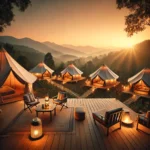 Scenic glamping site at sunset with luxury canvas tents, wooden deck, warm lighting, and a campfire, set against mountains or forest.