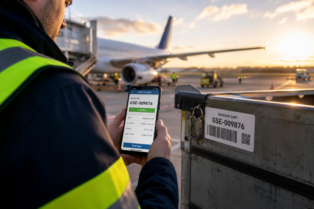 Airport asset tracking software used to scan and verify airport equipment with an Android mobile device and QR barcode during inventory.